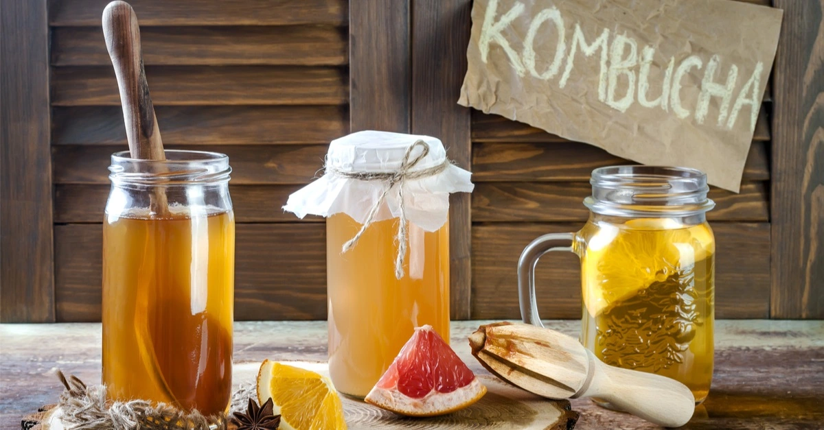 fermented raw kombucha tea with different flavorings